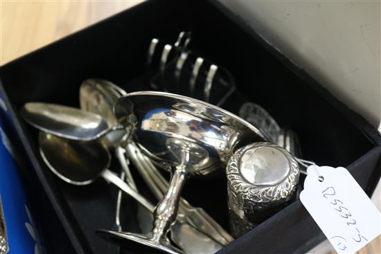 Mixed silver and other items including tazze, 18th century silver basting spoon, scent bottle, two toastracks etc.